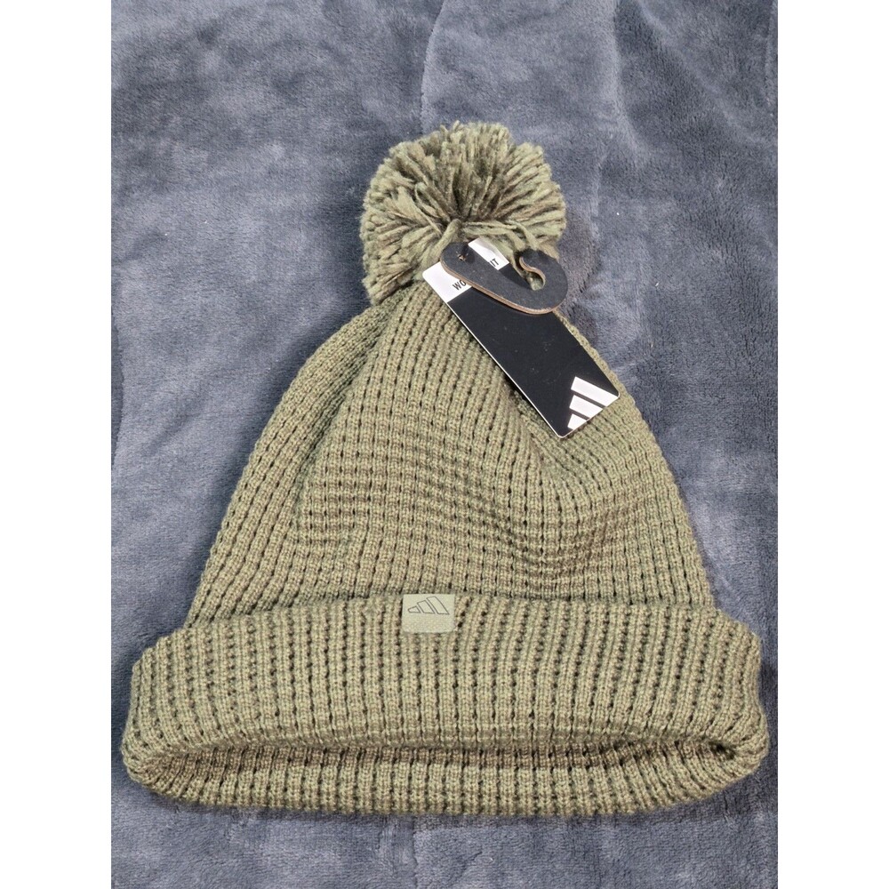 Adidas Women's Pom Ballie Knit Olive Strata Green Beanie New